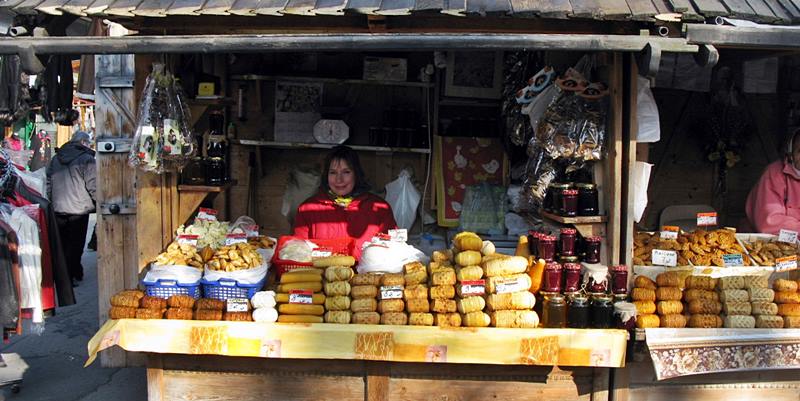 Wooden colored beads on display on the market in Zakopane, Poland